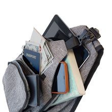 Load image into Gallery viewer, crossbody sling bag to protect various items including a passport, phone, and tablet.