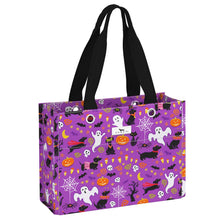 Load image into Gallery viewer, Purple Halloween-themed tote bag with black handles on a white background