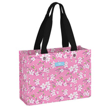 Load image into Gallery viewer, Pink tote bag with floral pattern and black handles on a white background
