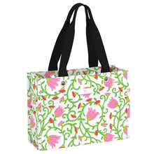 Load image into Gallery viewer, Floral patterned tote bag with black handles on a white background