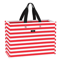 Load image into Gallery viewer, Red and white striped tote bag with black handles on a white background
