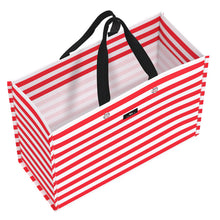 Load image into Gallery viewer, Red and white striped tote bag with black handles on a white background
