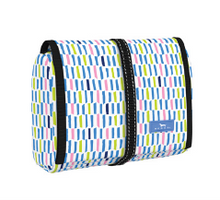 Load image into Gallery viewer, A multicolored geometric patterned hanging toiletry bag with zippered compartments and a hook for hanging.
