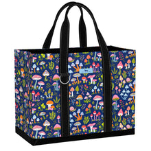 Load image into Gallery viewer, Tote bag with colorful mushroom pattern on a blue background
