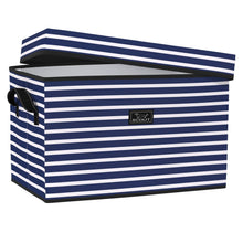 Load image into Gallery viewer, Navy and white striped storage box with a lid on a white background
