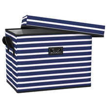 Load image into Gallery viewer, Navy and white striped storage box with lid on a white background

