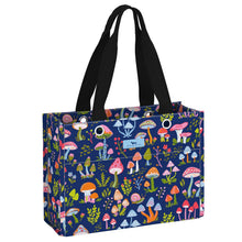 Load image into Gallery viewer, Tote bag with colorful mushroom pattern on a blue background
