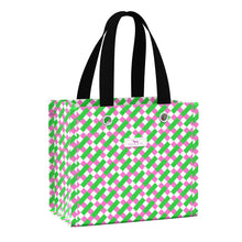 Load image into Gallery viewer, Tote bag with green and pink geometric pattern on a white background
