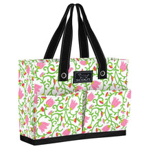Load image into Gallery viewer, Floral patterned tote bag with black handles on a white background
